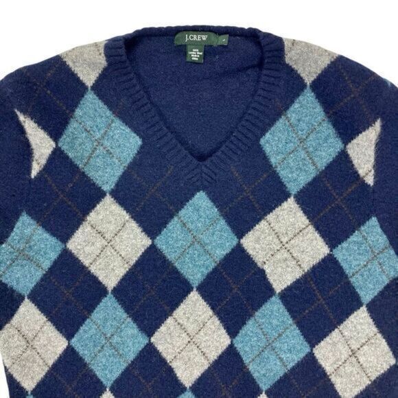 J. Crew 100% Lambswool Sweater Mens Large Blue Diamond Argyle Classic Pullover - Picture 3 of 15